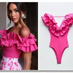NWT HOT PINK RUFFLED RIB BODYSUIT BLOGGERS FAV